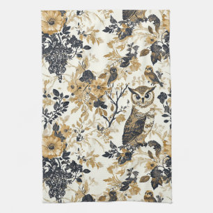 Rustikales Beige-Eulen-Wald-Blumenmuster Geschirrtuch