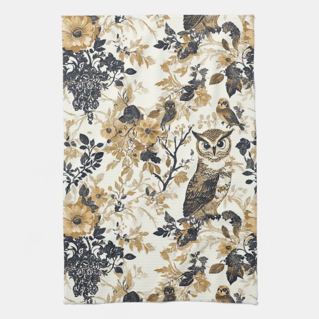 Rustikales Beige-Eulen-Wald-Blumenmuster Geschirrtuch (Vertikal)