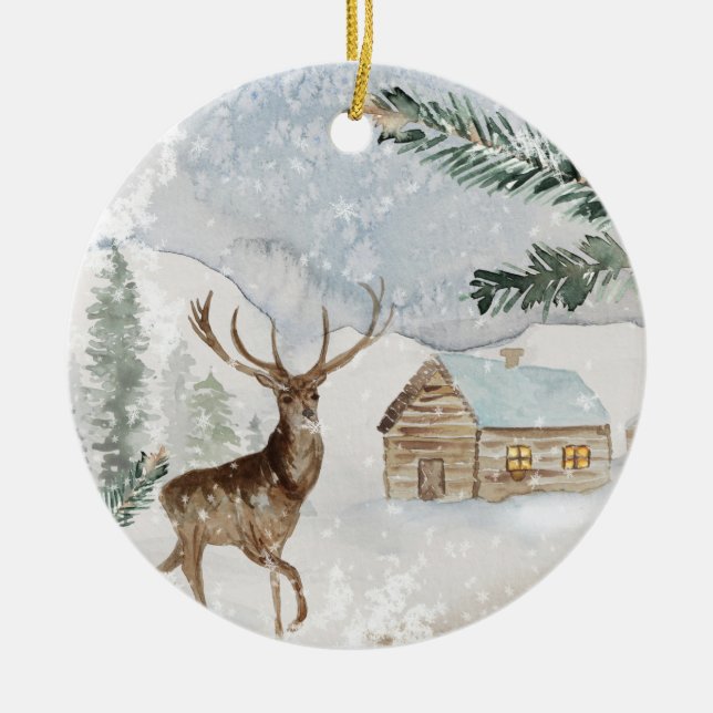 Rustikales Berghaus Wald Wasserfarbe Weihnachten Keramik Ornament (Vorne)