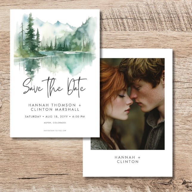 Rustikales Bergsee-Szene Wasserfarbe Foto Save The Date (Rustic Mountain Lake Scene Watercolor Photo Save The Date)