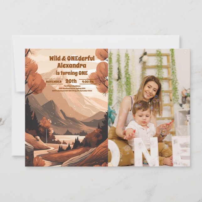 Rustikales Bergwald Foto 1. Geburtstag Einladung (Vorderseite)