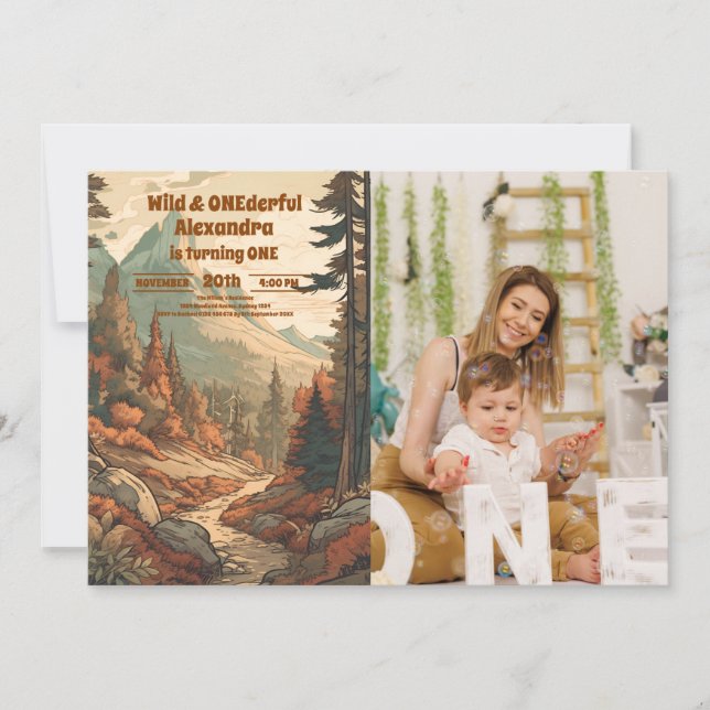 Rustikales Bergwald Foto 1. Geburtstag Einladung (Vorderseite)