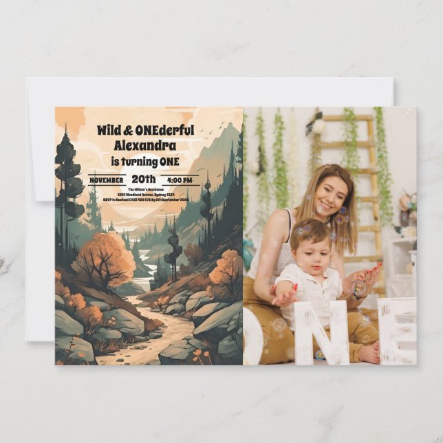 Rustikales Bergwald Foto 1. Geburtstag Einladung (Vorderseite)