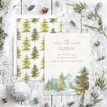 Rustikales Bergwald - Weihnachten Save the Date<br><div class="desc">Diese rustikale Weihnachtsfeier im Bergwald Save the Date lädt zu einer wunderschönen Aquarelllandschaft eines baumumrandeten Sees mit schneebedeckten Bergen auf einem Imitat Birkenbachhintergrund ein. Auf der Rückseite der Einladung befinden sich immergrüne Pinienbäume,  die über die Birkenrinde verteilt sind,  um das Aussehen zu vervollständigen. Copyright Elegant Invites,  alle Rechte vorbehalten.</div>