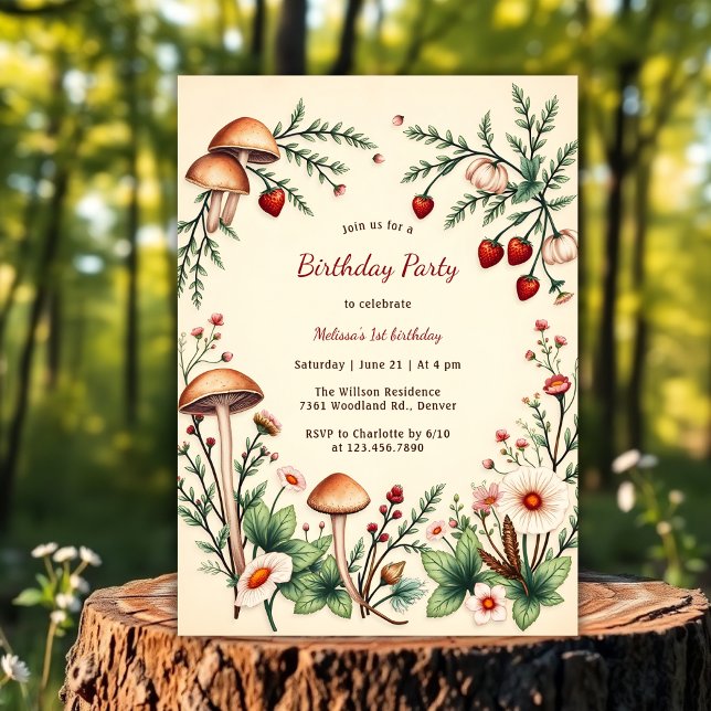Rustikales Berry Naturestaurant Wald 1. Geburtstag Einladung (Rustic Berry Nature Mushroom Woodland 1st Birthday Invitation)
