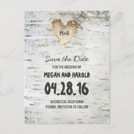 Rustikales Birch Bark Herz Save the Date Ankündigungspostkarte