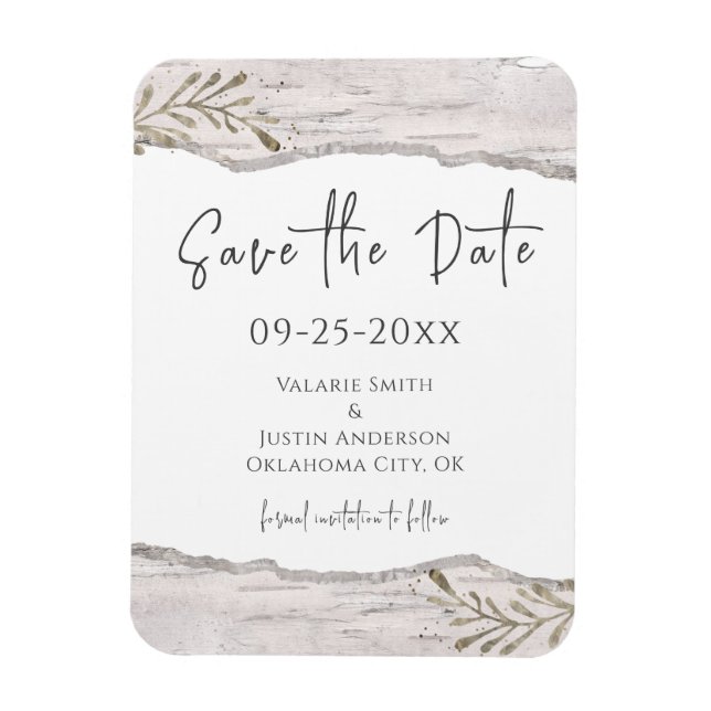 Rustikales Birch Wood Save the Date Hochzeit Magnet (Vertikal)