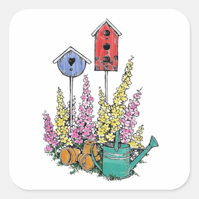 Rustikales Birdhouse Garden Wasserfarben Sketch Quadratischer Aufkleber (Vorderseite)