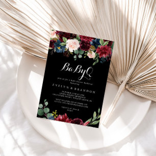 Rustikales Black Botanical BabyQ Baby Duschgrill Einladung