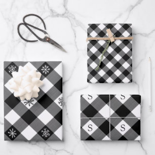 Rustikales Black Buffalo Kariert Snowflake Monogra Geschenkpapier Set