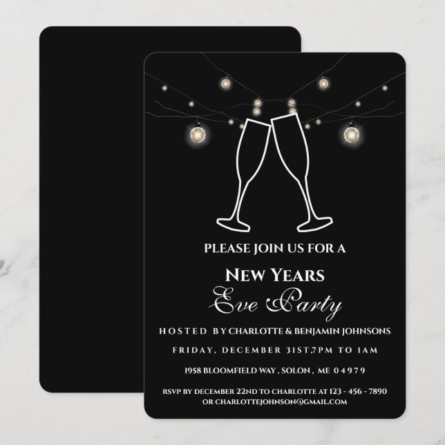 Rustikales Black String Lights Silvester Party Einladung (Vorne/Hinten)