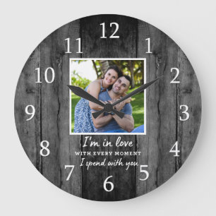 Rustikales Black Wood Wedding Jubiläum Liebe Foto Große Wanduhr