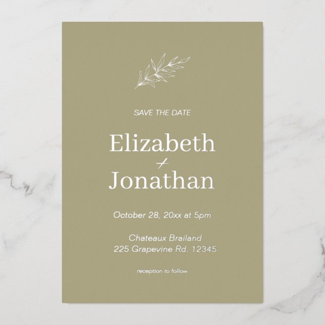 Rustikales Blatt Save the Date Silber Folieneinladung (Vorderseite)