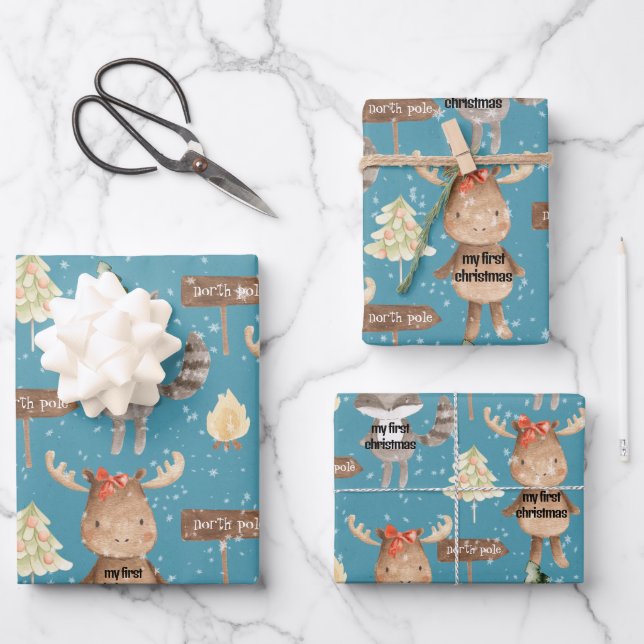 Rustikales Blau Baby Erstes Weihnachten Tiere Name Geschenkpapier Set (Vorderseite)