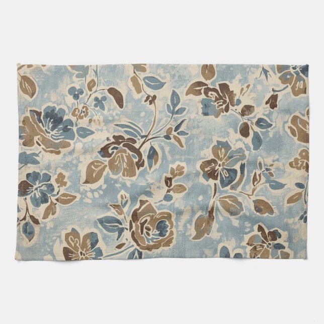 Rustikales Blau Braun Beige Floral Geschirrtuch (Horizontal)