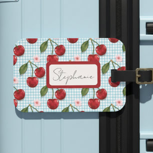 Rustikales Blau Gingham und Kirschen Monogramm Gepäckanhänger