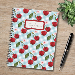 Rustikales Blau-Gingham und Kirschen-Monogramm Notizbuch