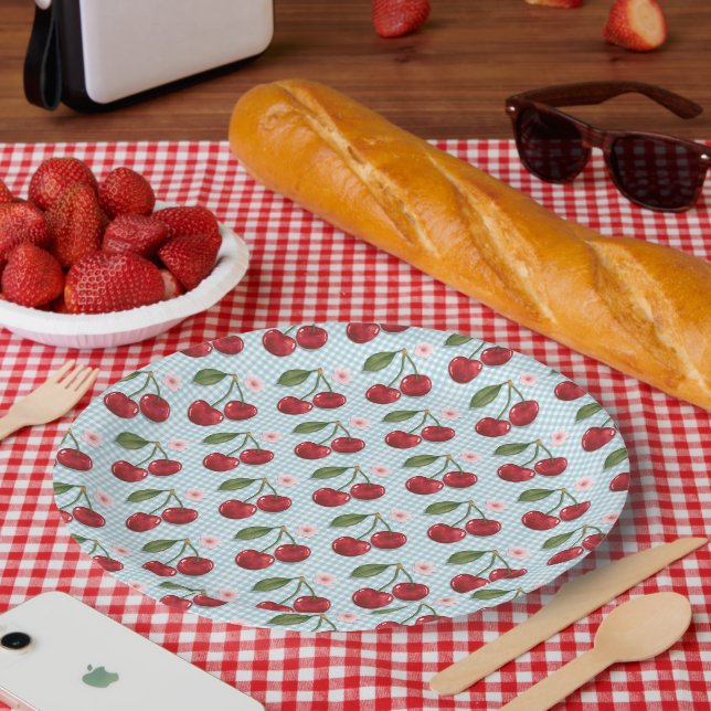 Rustikales Blau Gingham Und Kirschen Pappteller (Picknick)