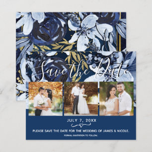 Rustikales Blau & Gold Blumen Foto Save-the-Date-K