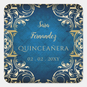 Rustikales Blau Gold Elegantes Quinceanera Quadratischer Aufkleber