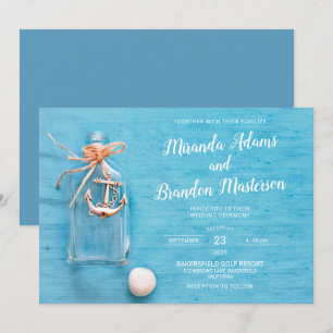 Rustikales Blau, kleine Flasche, Anker, Hochzeit a Einladung