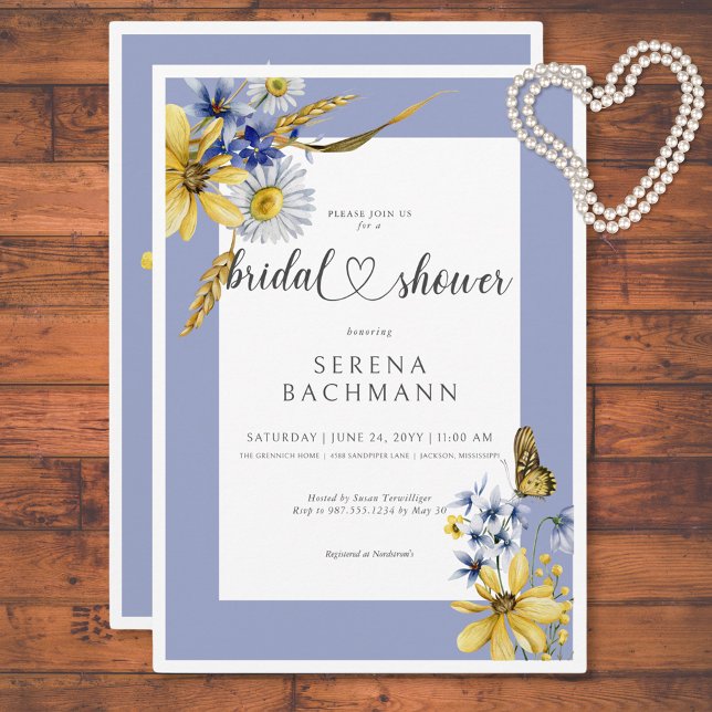 Rustikales Blau und Gelbe Wildblumen Brautparty Einladung (Rustic Blue & Yellow Wildflowers Bridal Shower Invitation)
