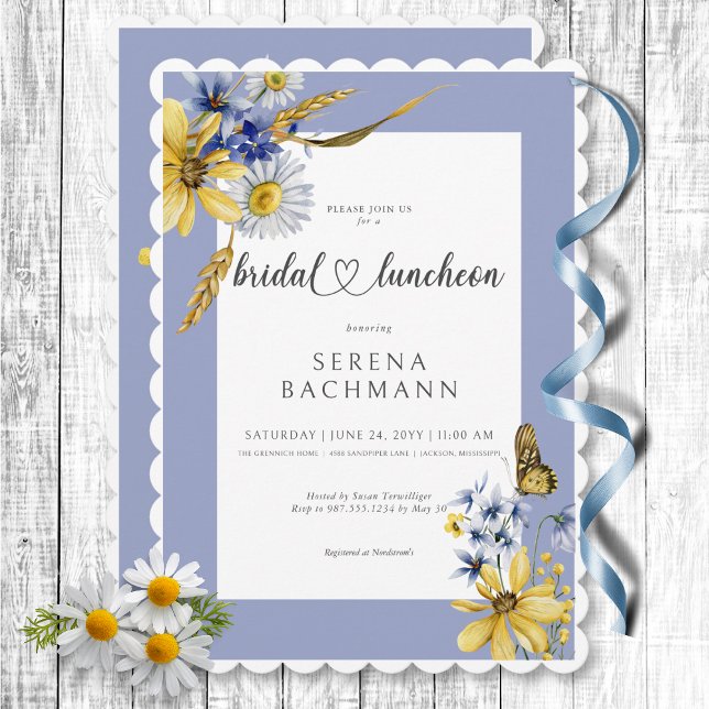 Rustikales Blau und Gelbe Wildblumen Bridal Lunche Einladung (Rustic Blue & Yellow Wildflowers Bridal Luncheon Invitation)