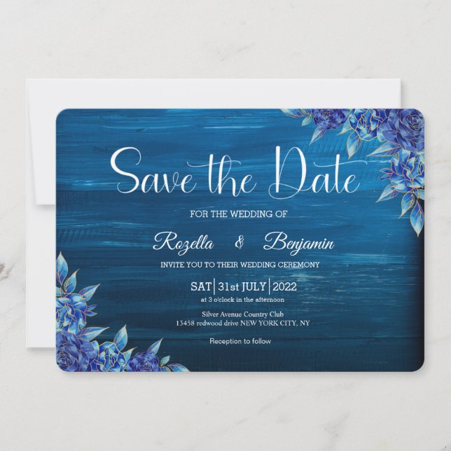 Rustikales Blau und Gold Rose Holz Minimalistische Save The Date (Vorderseite)