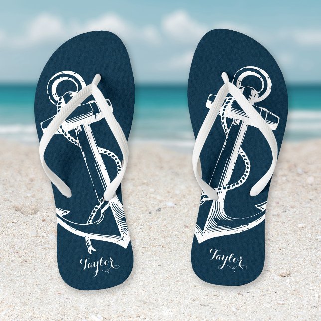 Rustikales Blau Vintage Anker Monogramm Flip Flops (Von Creator hochgeladen)