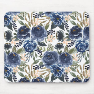 Rustikales Blaue Aquarell-Rosen und Pfingstrosen-M Mousepad