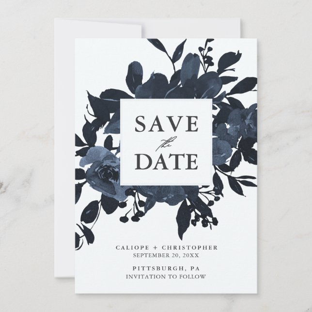 Rustikales blaues Aquarell Blumenbouquet Foto Save The Date (Vorderseite)