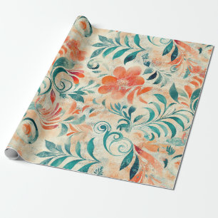 Rustikales blaues Blätter und roorfarbenes Blumenm Geschenkpapier