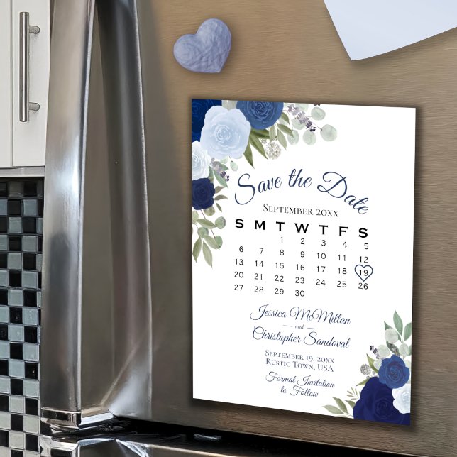 Rustikales blaues Blumenkalender Save the Date Mag Magnetkarte (Von Creator hochgeladen)
