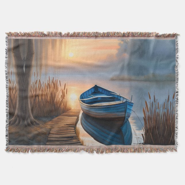 Rustikales blaues Boot Morning Sky Reflektion Decke (Vorderseite)