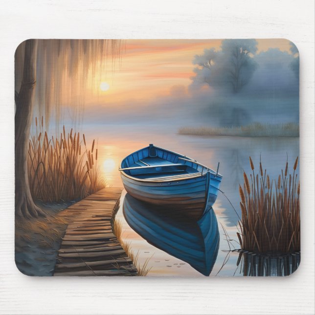 Rustikales blaues Boot Morning Sky Reflektion Mousepad (Vorne)