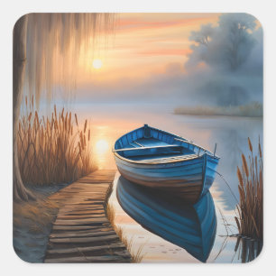 Rustikales blaues Boot Morning Sky Reflektion Quadratischer Aufkleber