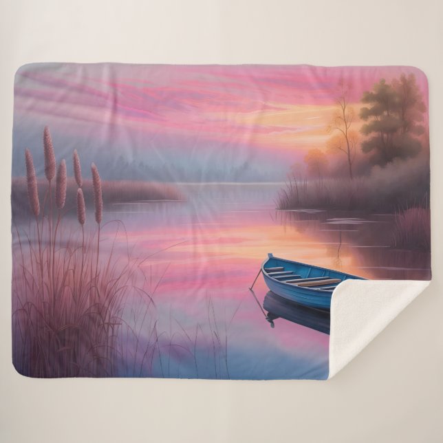 Rustikales blaues Boot rosa Himmel Reflexion Sherpadecke (Vorderseite (Horizontal))