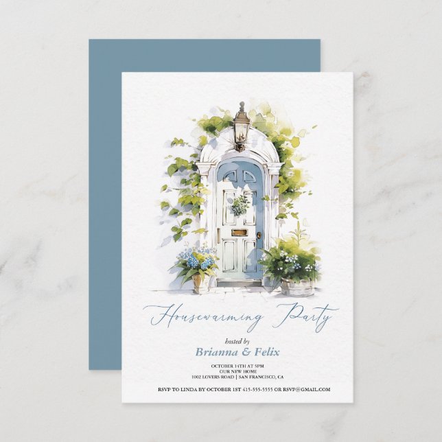 Rustikales blaues Folgeprodukt Grünes Party Einladung (Vorne/Hinten)