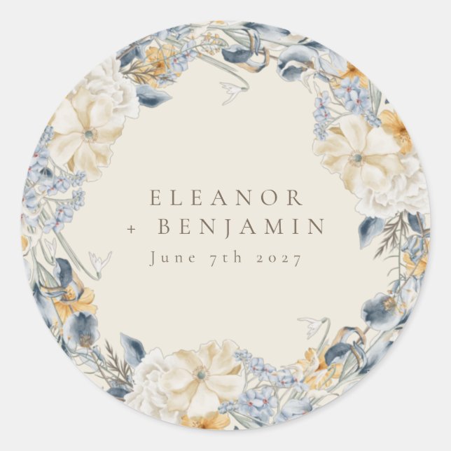 Rustikales blaues Gelbblütenwasser Boho Hochzeit Runder Aufkleber (Vorderseite)