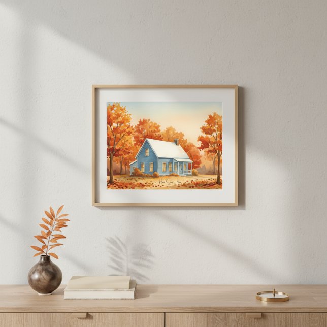 Rustikales blaues Haus im Herbstwald Wasserfarbe Poster (Von Creator hochgeladen)
