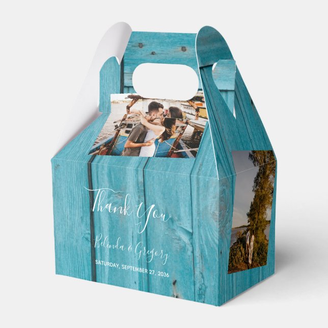 Rustikales blaues Holz 4 Fotos Hochzeit Geschenkschachtel (Vorderseite)