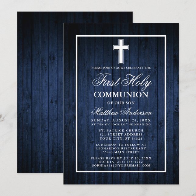 Rustikales blaues Holz Erste Heilige Kommune Einladung (Vorne/Hinten)