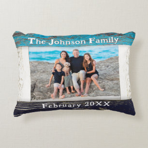 Rustikales blaues Holz Familienname Foto Dekokissen