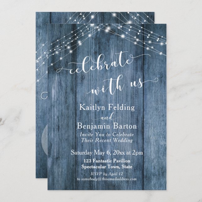 Rustikales blaues Holz & Lichter feiern mit uns Einladung (Vorne/Hinten)
