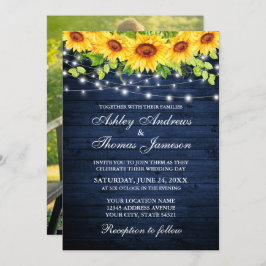 Rustikales blaues Holz Sonnenblumen Blumen Foto Einladung