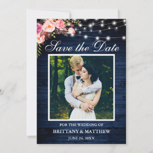 Rustikales blaues Holz Wasserfarbe Rosa Blumenleuc Save The Date