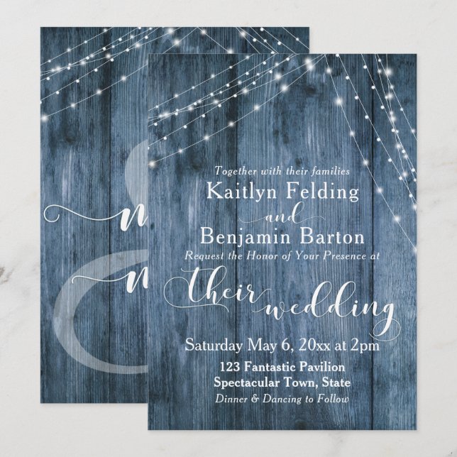Rustikales blaues Holz, weiße, helle Linien Hochze Einladung (Vorne/Hinten)