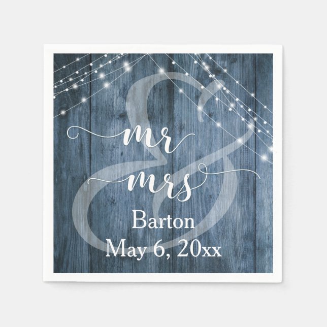 Rustikales blaues Holz, weiße Lichtgestecke Mr. &  Serviette (Vorderseite)