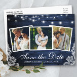 Rustikales blaues Holzleuchten Lace 3 Foto Save th Einladungspostkarte<br><div class="desc">Rustic Blue Wood String Lights and Lace 3 Foto Save the Date Verlobung Ankündigung Postcard</div>