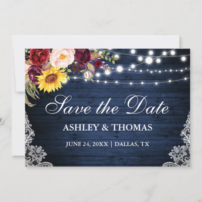 Rustikales blaues Holzleuchten mit gemischter Blum Save The Date (Vorderseite)